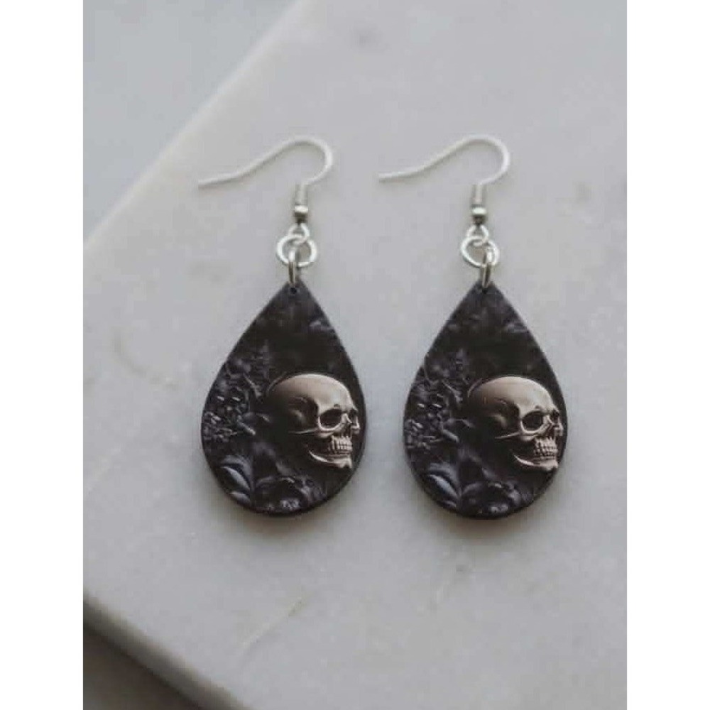Handmade Earrings Black Goth Skull Teardrop Silver Tone Dangle Drop